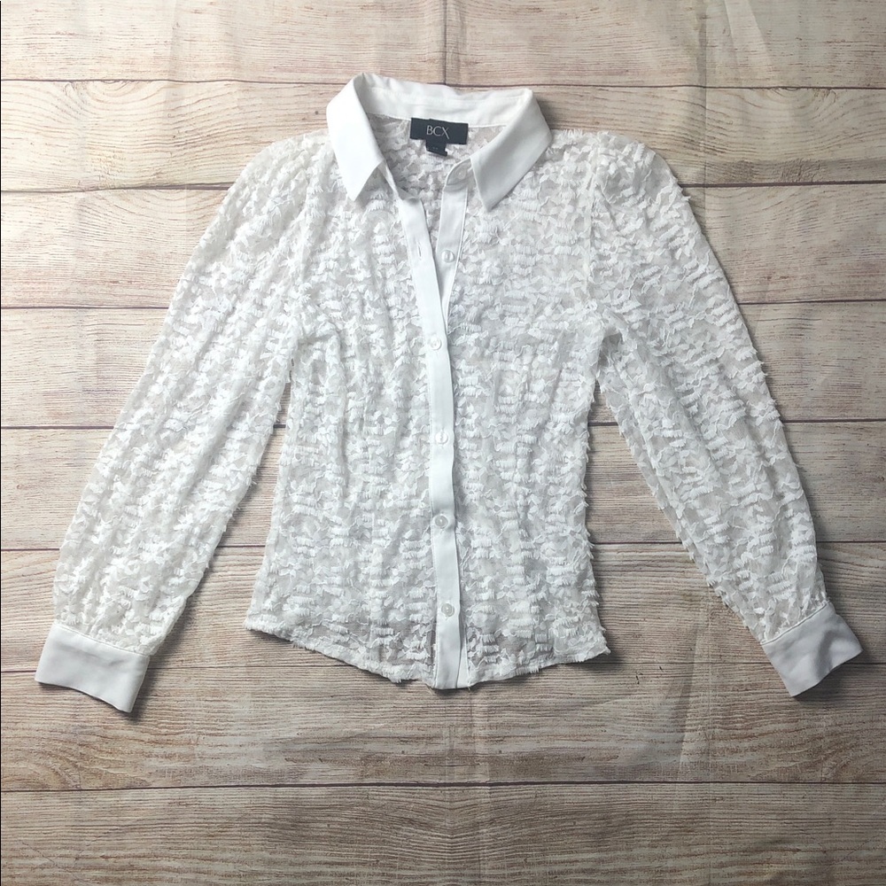 BCX Women's Sheer White Lace Layering Button-Down Shirt‎
